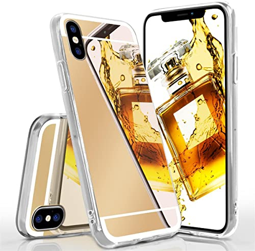 moex Mirror Case für iPhone X/iPhone XS Hülle mit Spiegel und erweitertem Kantenschutz aus Silikon, Handyhülle verspiegelte Rückseite, Stylische Handy Schutzhülle dünn, Gold