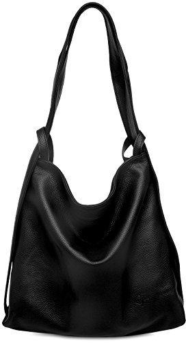 Caspar 2in1 Große Leder Rucksack Schultertasche XL Elegante Damen Handtasche - PREMIUM LINE - Modell No.786 - Made in Italy, Farbe:schwarz, Accessoires:One Size