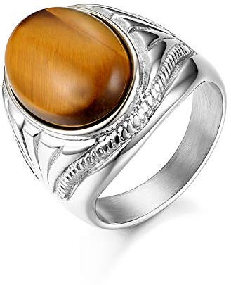 JewelryWe Herrenring Tigerauge Ring Herren: Vintage Silber Edelstahl Fingerring mit Braun Tigerauge Stein 22mm Breit Statement Siegelring Männer Klassisch Bandring Band Schmuck Geschenk Größe 70