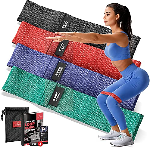 Élastique Musculation Résistance - Ensemble de 4 Bande Fitness Tissu + Livre d'entrainement et Sac | Loop Booty Bands Minibands Elastiband Kit, Sport Gym Yoga Pilates Gymnastique Jambe Cuisse