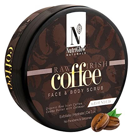 Nutriglow Natural's Raw Irish Coffee Face & Body Scrub Coffee Cocoa Butter with Oatmeal for Bathing & Scrubber for Face, Organic Exfoliate Hydrate De Tox, 200Gm