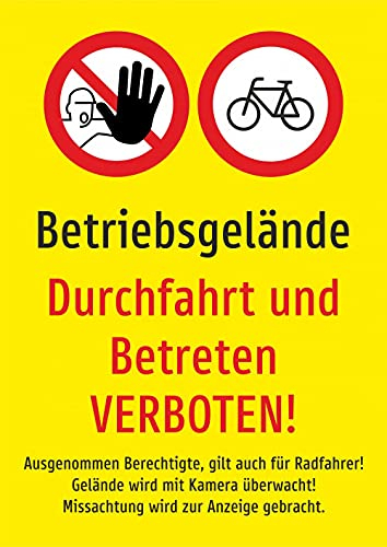 Schild: Betriebsgelände - Durchfahrt und Betreten verboten GELB - A2, 420x594mm | Aluverbundplatte