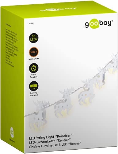 goobay 57945 10er LED Rentier Lichterkette, Weihnachtsdekoration, Innen Deko, batteriebetrieb, warm-weiß leuchtend, Timerfunktion, weiß Transparent, Klar