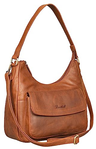 Benthill Handtasche Damen Echt Leder | Schultertasche aus echtem Rindsleder | Umhängetasche mit Reißverschluss | Ledertasche mit Henkel & Umhängegurt, Farbe:Braun