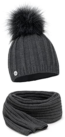 ELIMELI® Kaschmir Mütze Schal Damen Winter Kombi Set - warme Strickmütze mit Kunstfell Bommel - 3-teilig, Winterset Wintermütze passender Schal Wollmütze Beanie Slouch Strick Made in EU - dunkelgrau