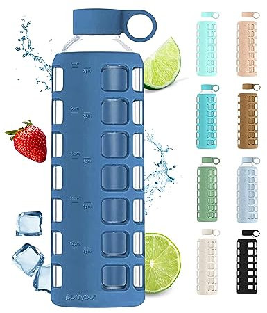 purifyou Premium Glass Water Bottles with Volume and Drinking Time, Silicone Sleeve and Stainless Steel Lid, Reusable Fridge Water Juice Bottle