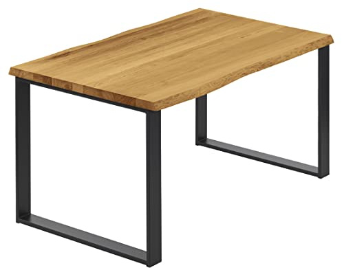 LAMO Manufaktur Esstisch Küchentisch Schreibtisch Couchtisch aus Massivholz, mit Baumkante 140x60x76 cm (AxBxH), Modern, Rustikal/Schwarz, LNB-01-A-003-9005M