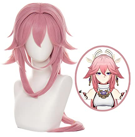 Anime Cosplay Perücke, Genshin Impact Perücke, mit zwei Perückenkappen, für Halloween, Party & etc. (Yae Miko Cosplay)