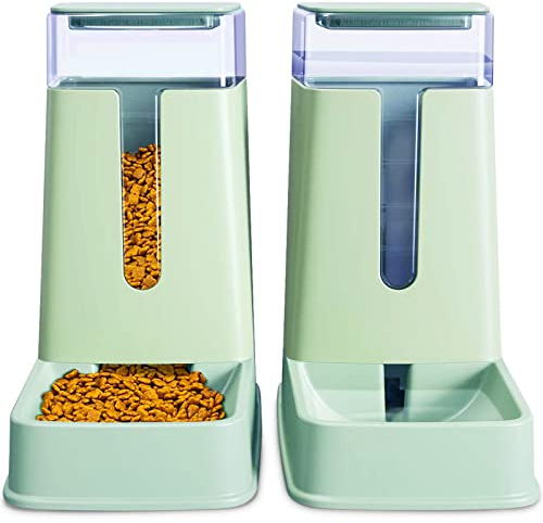 Automatischer Futterspender und Wasserspender im Set, 2 Packungen, 3,5 l, für kleine, mittelgroße und große Hunde, Katzen, Haustiere, Welpen, Kätzchen, Grün