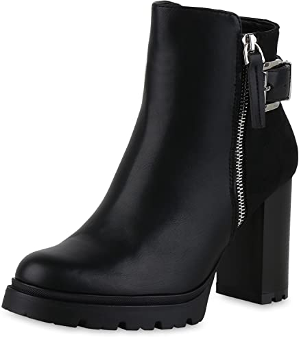 VAN HILL Damen Leicht Gefütterte Klassische Stiefeletten Blockabsatz Schuhe Zipper Absatzschuhe Schnallen Profilsohle Booties 209186 Schwarz 38