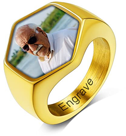 Custom4U Unisex Herren Damen Fingerring mit Fotogravur 18K Vergoldet Anpassbarer Fotoring Sechseckig Siegelring Foto Bandring Geschenke für Geburtstag Weihnachten Valentinstag