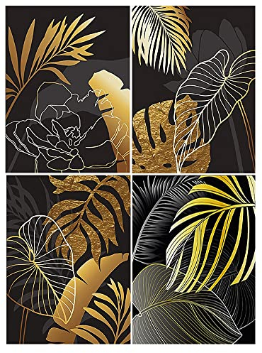 4 Stück Diamond Painting Blätter 40x50 cm Diamond Painting Blätter Gold und Schwarz Diamant Painting Bilder Moderner Stil Diamond Art Minimalismus für Wohnzimmer Sticken set Erwachsene Aufkleber