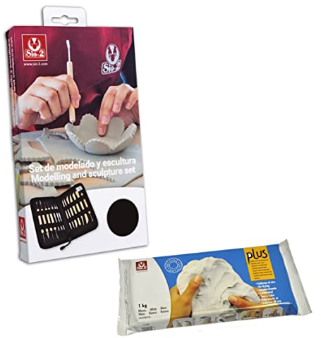 SIO-2 Kit de modelado + Arcilla para modelar 1kg Blanca - Kit de ceramica para modelar - Arcilla secado al aire - Herramientas de escultura y arcilla blanca para modelar
