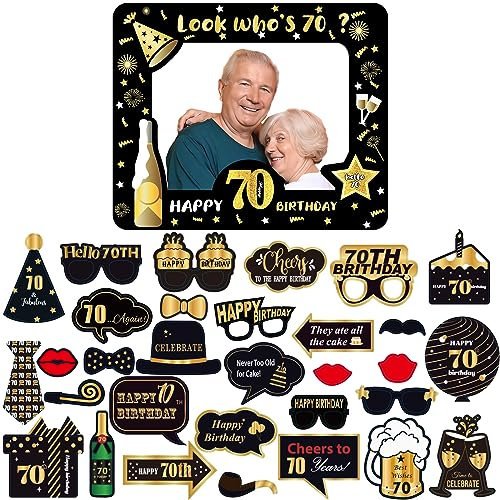 Black Gold 70th Birthday Party Decorations With Giant Inflatable Selfie Photo Booth Frame and 32pcs Photo Props for Women Men Ladies Him Her