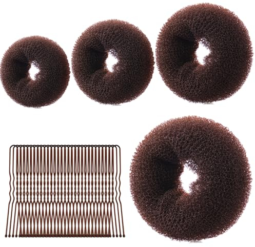 URAQT Machine à pain donut, 4PCS Cheveux Donuts Chignons et 30 Épingles à Cheveux, Machine à Chignon pour les Danseurs, les Enfants, les Filles et les Femmes, 6+8+10+12CM(Marron foncé)