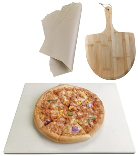 Piedra de pizza para horno/parrilla, kit rectangular grande para hacer pizza con cáscara de pizza de bambú, 10 piezas de papel de cocina, 3 juegos, resistente a los golpes térmicos, para hornear