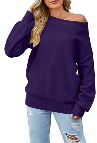 Maglione Donna Invernale - Camicia da Donna in Maglia Tinta Unita Sexy con Spalle Scoperte Nuovo Maglione Versatile Europeo e Americano Dolcevita Lana Viola