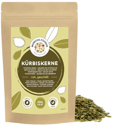 Munchilycious Kürbiskerne 250g, geschälte rohe Kürbiskerne zum Essen | ideal als Snack und für Salaten, Suppen, Müsli, Porridge, Brot, Cracker und andere Backwaren