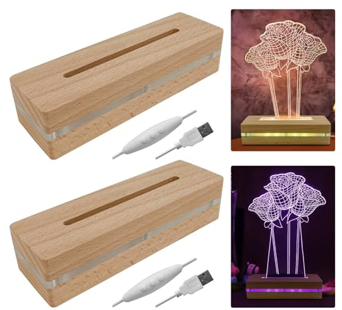 Gotrain Rechteckiger Lichtsockel aus Holz, 7 Farben, LED-Display-Sockel, Helligkeit, verstellbar, bunt, mit USB-Kabel für Acryl, Kristall, Glasharz, Kunst, 2 Stück