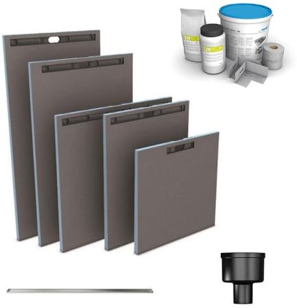 Receveur à carreler WEDI Fundo Riolito Neo + barrette de finition inox + bonde vertical + kit d'étanchéité 120 x 120 cm