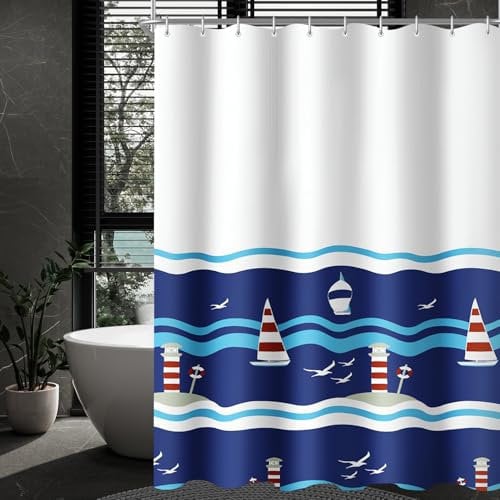 Lerores Duschvorhang 300x200cm Blaues Segel, Beschwerter Saum Antischimmel Textil, Wasserabweisend, Waschbar Polyester Stoff Badevorhängen mit Ösen und 16 Duschvorhangringe für Badezimmer, Badewanne