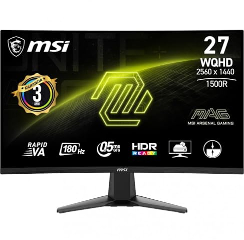 MSI MAG 27CQ6F Monitor Gaming da 27 WQHD Curvo - Pannello VA Rapid 1500R (2560 x 1440), 180 Hz / 0.5ms (GtG, Min.), Adaptive-Sync - DP 1.4a, HDMI 2.0b CEC