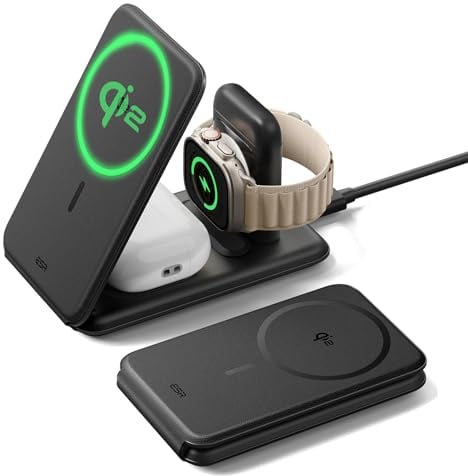 ESR Qi2 3 in 1 Ladestation Apple Watch und iPhone, 15W MagSafe Ladestation mit Apple Watch-Ladegerät [Zertifiziert], Reiseladegerät für mehrere Geräte iPhone 17/16/15/14/13/12/Watch/AirPods, Schwarz