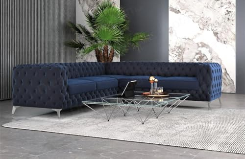 Samtsofa Cordoba in Chesterfield Optik Ecksofa mit Bezug aus Samt Sofa Sun Velvet (Dunkelblau, Füße Silber)