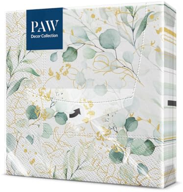 PAW - Tovaglioli di Carta Colorati (33 x 33 cm) I 20 Pezzi I Perfetto per Compleanni, Feste, Matrimoni, Comunione e Celebrazioni I Decorazioni da Tavola I 3 Veli I Eucalipto Dorato