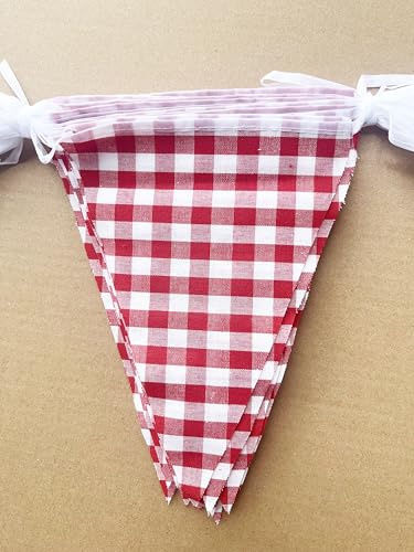 Banderín a cuadros de tela de algodón rojo y blanco de 15 metros, decoración de fiesta, banderines triangulares de doble cara para carnaval, picnic, cumpleaños, baby shower, jardín, decoración