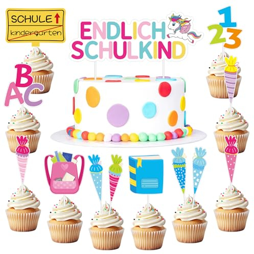 13 Stück Tortendeko Einschulung,Cake Topper Einschulung Mädchen,Kuchendeko Schulanfang,Kuchen Deko Einschulung für Schulkind Geschenk und Einschulung Party Torten Deko(Einhorn)