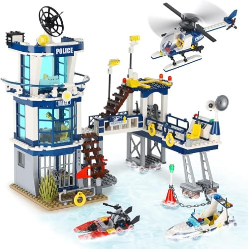 QLT City Police Station Police Toy, Compatible with Lego City Police Building Blocks, with Helicopter, Ship, 565PCS Gift for Boys Girls Ages 6-12