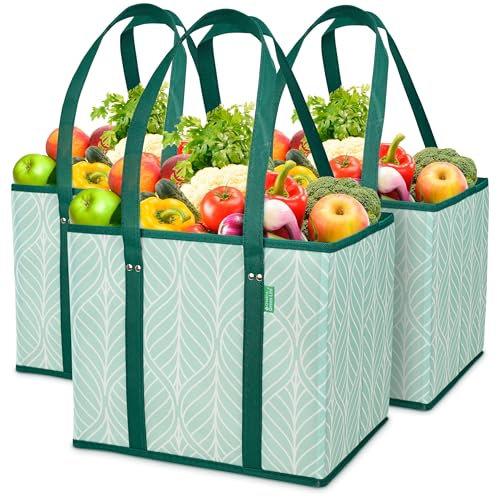 Reusable Grocery Bags (3 Pack) – Heavy Duty Reusable Shopping Bags for Groceries with Box Shape to Stand Up, Stay Open, Fold Flat – Large Tote-Bag is Foldable with Long Handles & Hard Bottom (Green)