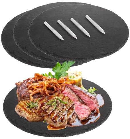 4 tablas redondas de queso de pizarra de 11 x 11 pulgadas, platos de piedra negra, tablas de charcutería, bandeja de servir, pizarra con bandeja de tiza de esteatita, pizarra para carnes, aperitivos,