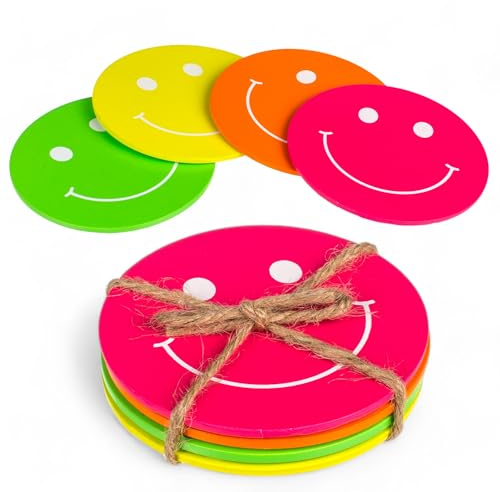 MIJOMA 4er Set Holz-Untersetzer im Smile Design – Neonfarben, rutschfest, 9 cm Durchmesser