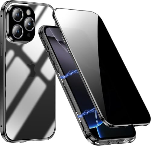 DoubCase for iPhone 16 Pro Max Privacy Anti-peeping Glass Double-sided with Magnetic Adsorption, Front & Back Metal Bumper 360° Full Cover Anti-Spy Case, Black