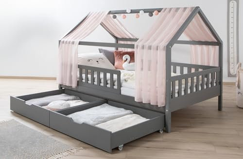 TiCAA Hausbett mit Tüll Kim 90x200 cm, 100x200 cm, 120x200 cm, 140x200 cm für Jungen & Mädchen, inkl. Rolllattenrost, Schubkasten und Rausfallschutz variabel, Hellgrau aus Kiefer Massivholz