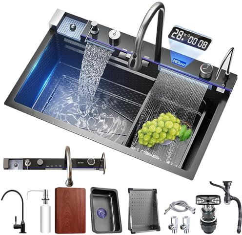 MIMRTIMI Fregadero de Cocina Negro Fregadero Cocina con Grifo Integrado Fregadero de Cascada Single Groove con Múltiples Accesorios
