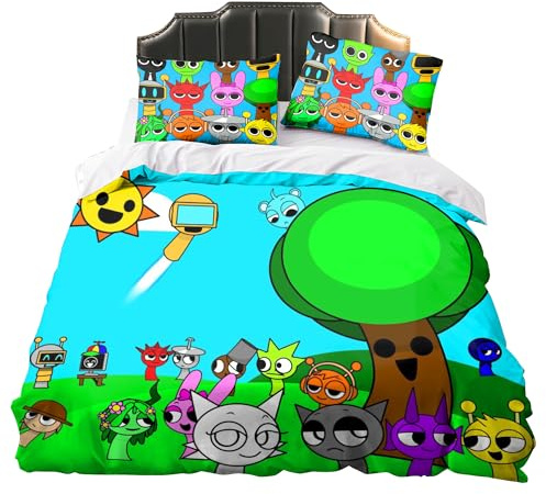 Jilijia Sprunki Bedding 3-teiliges Set mit bedrucktem Bettbezug und 2 Kissenbezügen, Sprunki Merch Horror-Spiel-Bettwäsche, superweich, leicht, Set