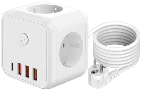 Presa Multipla Cubo con Interruttore, Ciabatta multipresa 7 in 1 con 3 USB e 1 Tipo C, 4000 W/16 A, quadra Ciabatta elettrica da salvaspazio con cavo da 1,5 m, per ufficio, casa, viaggi