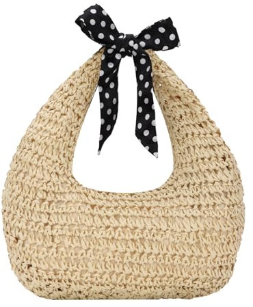 Ynport Crefreak Bolso de Paja Anudado para Mujer - Tejido Redondo de Paja Boho para Playa, Verano, Noche y Vacaciones