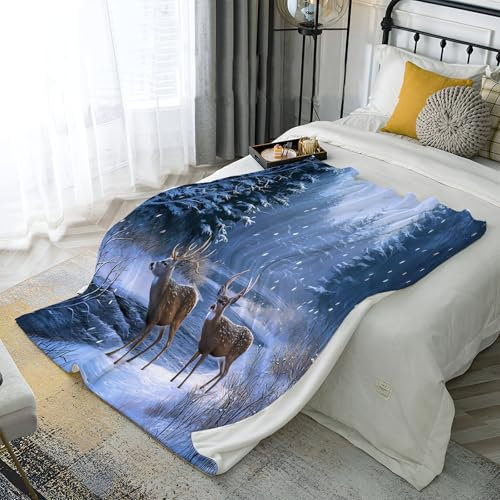 MIATCENRT 130X150Cm Überwurfdecke, Schnee Elche Druck, Geschenke Für Couch Sofa Bett Dekoration, Weich Gemütlich Leicht, Fleece-Plüsch Tiere Flanell Bettwäsche Für Liebhaber
