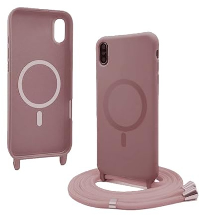 Bigcousin Coque Magnétique pour iPhone XR avec Cordon,[Compatible avec MagSafe],Silicone avec Collier Case Portable Cover,Réglable Collier Lanyard Case,Rose Gold