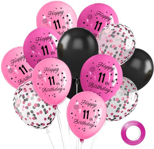 Happy Birthday Decoration Anniversaire 11 Ans, 12 Pouces Ballons Anniversaire Noir Rose, 15 Pièces Deco Anniversaire pour Enfants Garçons Filles