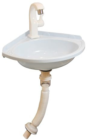 Lavabo angolare per montaggio a parete, 27,5 x 27,5 x 10 cm, in plastica, bianco, con scarico