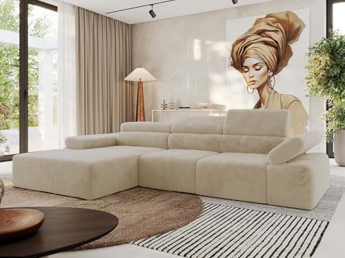 MKS MEBLE Ecksofa mit relaxfunktion elektrisch, Sofa L-Form - Rilasso - Creme Plüsch Links