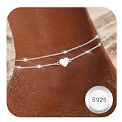 Finrezio Fußkettchen für Damen Silber 925 Layered Fußkettchen Silber Verstellbare Herz Perlen Fußkette für Mädchen Sommer Strand Schmuck Geschenk (Inklusive Geschenkbox) C