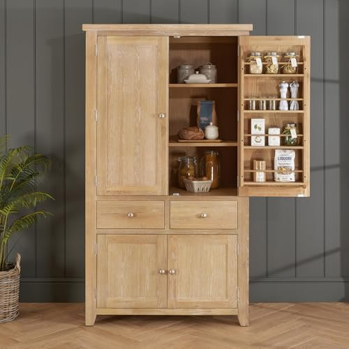 The Furniture Market Cheshire Whitewash Oak | Double Kitchen Larder Pantry Cupboard | Freestanding Storage Unit | Solid Wood | Country Style | Fully Assembled | H 1900 x W 1070 x D 570mm