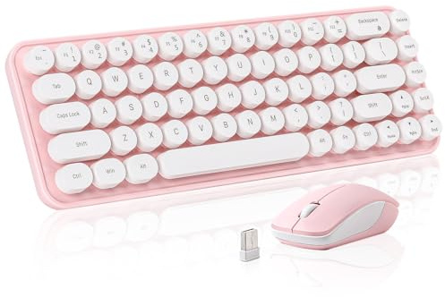 MIKIBY i68 Kabellose Schreibmaschinentastatur und Maus, rosa Tastatur mit 2,4 GHz Verbindung, niedliches Retro-ästhetisches Design, runde Tastenkappen für Tablet, Telefon, PC und Win/Mac/Android (Rosa