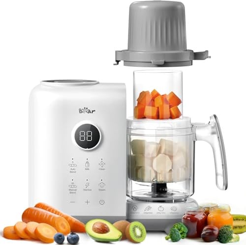 Bear 6-in-1 Dampfgarer mit Mixer Premium Babynahrungszubereiter,Dämpfen, automatisches Rühren, Milcherwärmung, Desinfektion, Selbstreinigungsfunktion, Automatische Reinigungsfunktion, BPA-frei (Weiß)